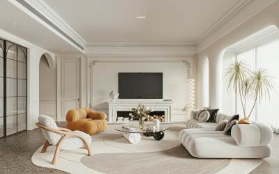 法式家居客厅 沙发茶几 沙发背景墙 电视柜 盆栽